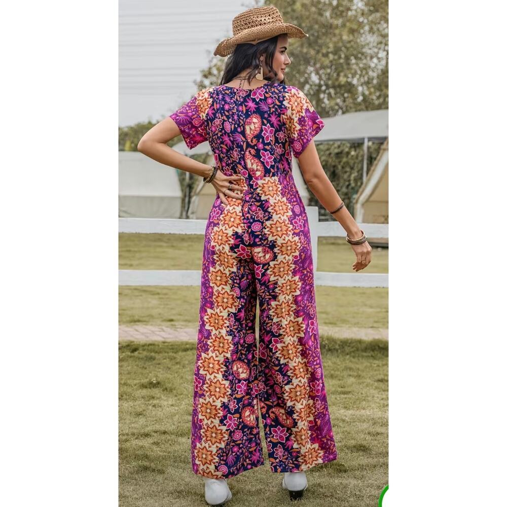NWOT SHEIN Curve V-Neck Bohemian Printed Wide Leg Jumpsuit, 1XL - Picture 2 of 9